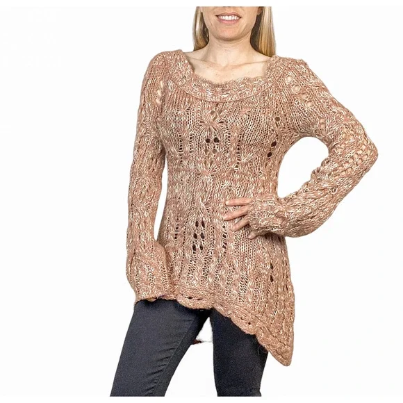 Free People Sweater Top Pink Crochet Oversized Bell Sleeve Sweater Size Small - Picture 1 of 9